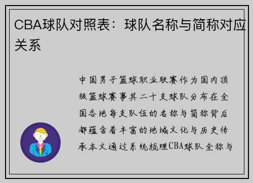 CBA球队对照表：球队名称与简称对应关系