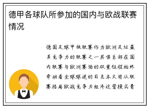 德甲各球队所参加的国内与欧战联赛情况