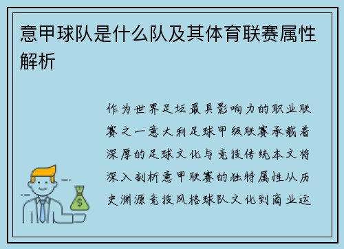 意甲球队是什么队及其体育联赛属性解析